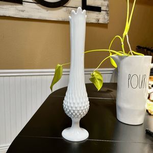 Vintage Fenton Milk Glass Hobnail Vase White Swung Pedestal 14 3/4” Finger Vase